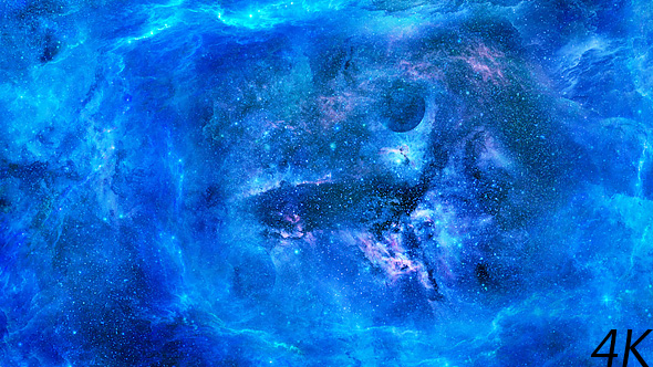 Flying Through Abstract Blue Nebulae in Space