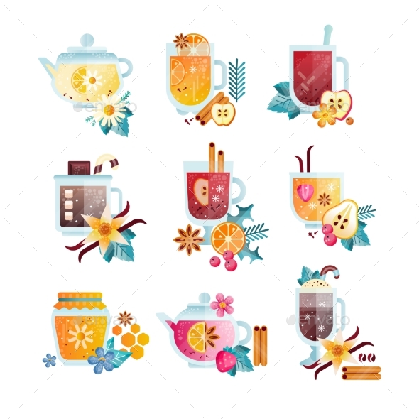 Hot Drinks with Fruits, Berries, Spices and Herbs - Food Objects