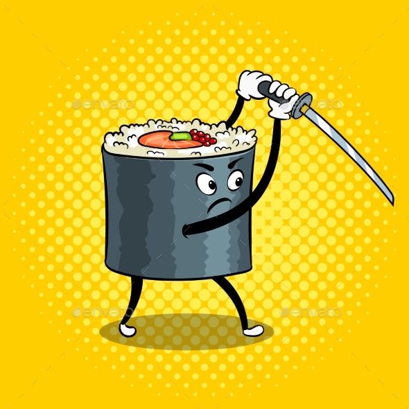 Sushi Roll with Japanese Sword Pop Art Vector - Food Objects
