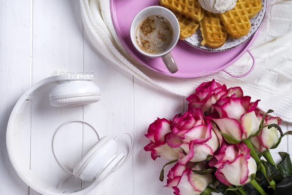 Coffee with waffles and roses. Valentine's Day or 8 march . Delicious Breakfast. - Stock Photo - Images