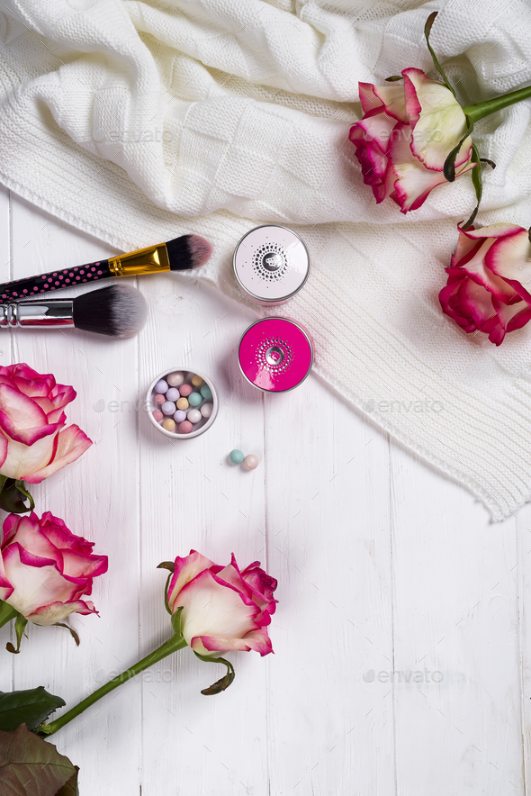Women cosmetics and fashion items on white wooden background - Stock Photo - Images