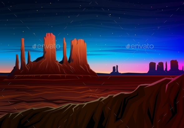 Mountain and Monument Valley, Night Panoramic View - Landscapes Nature