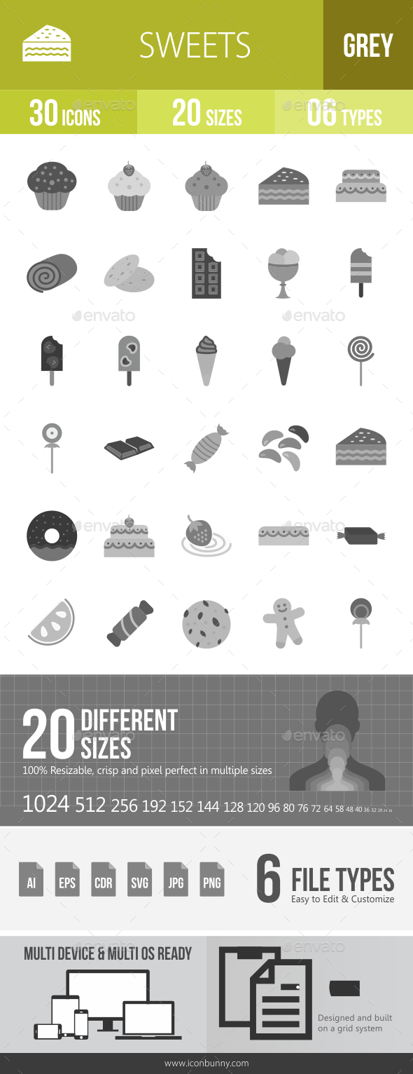 30 Sweets & Confectionery Grey Scale Icons - Icons