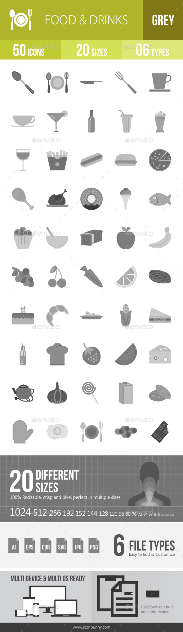 50 Food & Drinks Grey Scale Icons - Icons
