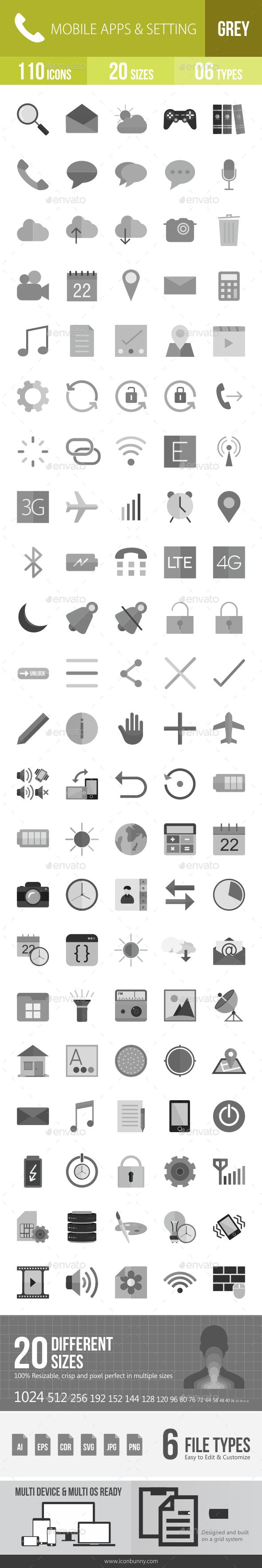 110 Mobile Apps Grey Scale Icons - Icons