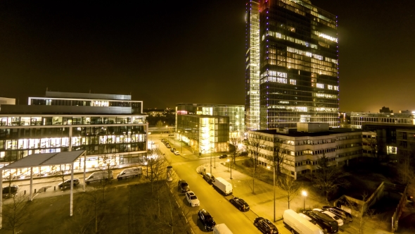 Aerial  of Business Skyscrapers Lights Going on and Off alt