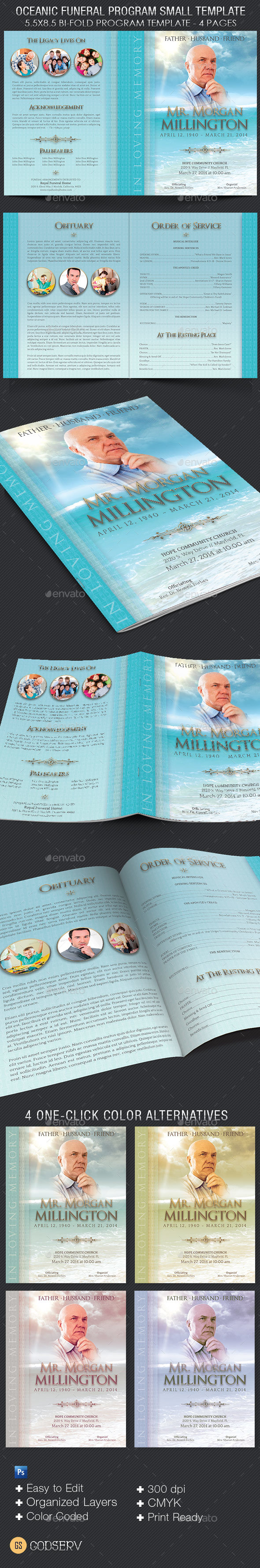 Oceanic Funeral Program Small Template – 4 Pages - Informational Brochures
