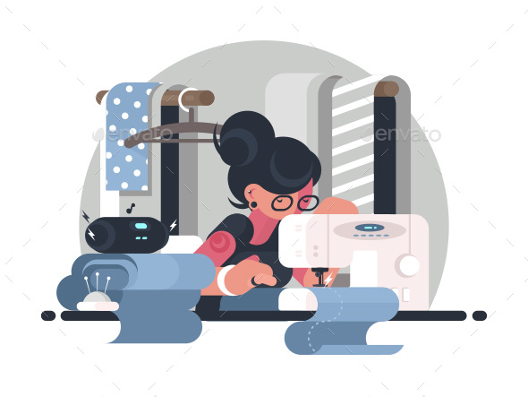 Girl Seamstress in Workplace - People Characters