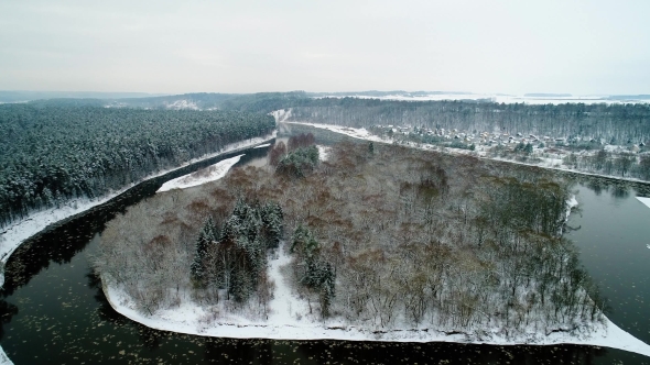 Aerial View of Winter Forest and River