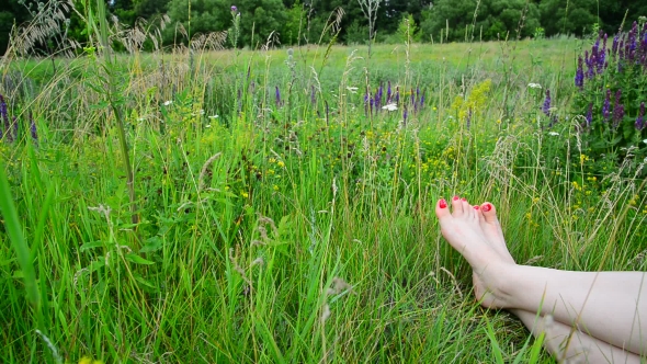 Female Legs with a Red Pedicure on Green Grass