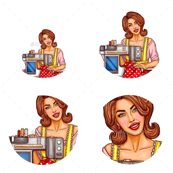 Vector Set of Female Avatars in Pop Art Style - People Characters