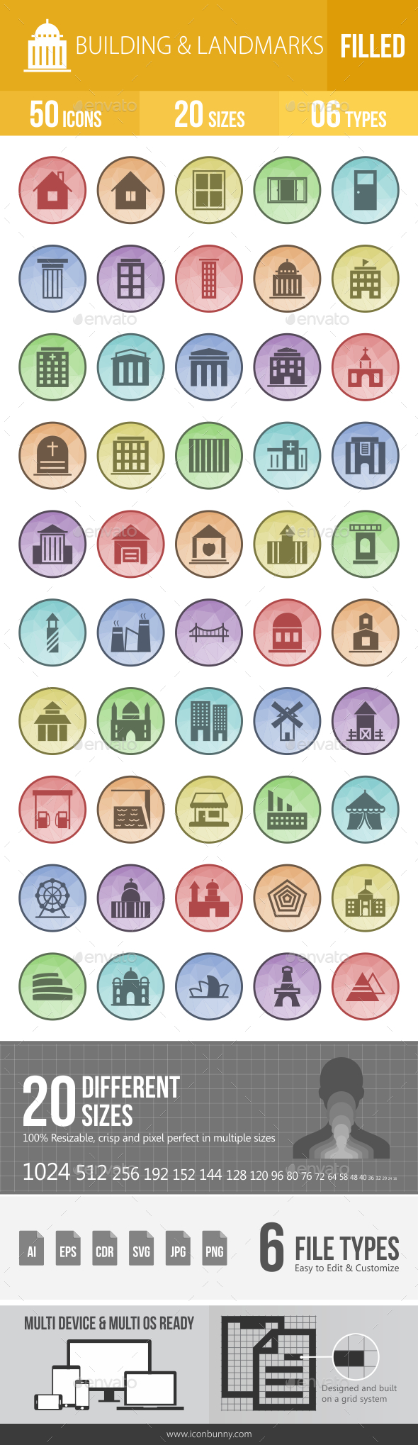 50 Building & Landmarks Filled Low Poly Icons - Icons