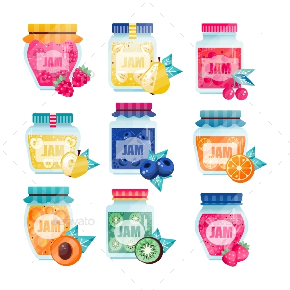 Set of Glass Jars with Fruits and Berries Jam - Food Objects