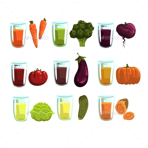 Vegetable Juices Set, Carrot, Broccoli, , Eggplant - Food Objects