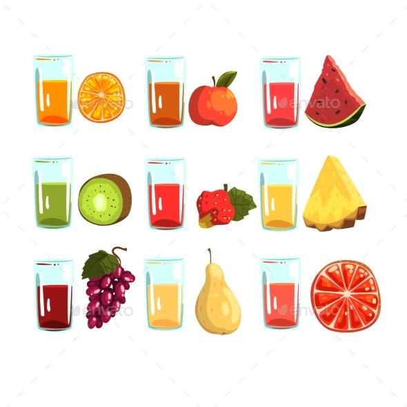 Fruit Juices Set, Orange, Apple, Watermelon, Kiwi - Food Objects