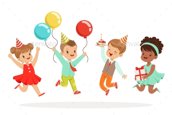 Little Children Birthday Celebration Party With - People Characters