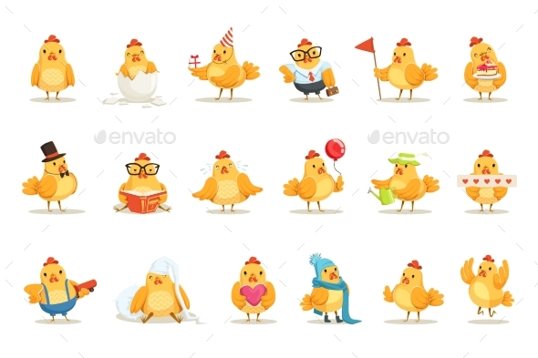 Little Yellow Chicken Chick Different Emotions - Animals Characters