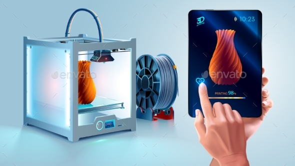 White 3d Printer with Filament Spool. 3d Printer - Technology Conceptual