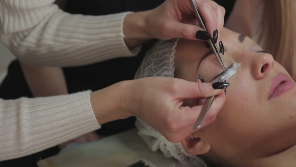 Eyelash Extension Procedure. Woman Eye with Long Eyelashes.