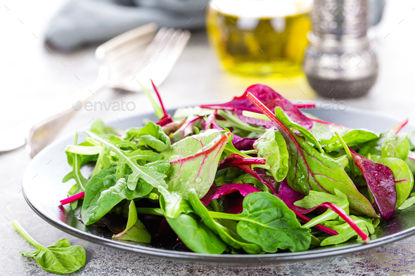 Healthy vegetarian dish, leafy salad with fresh chard, arugula, spinach ...