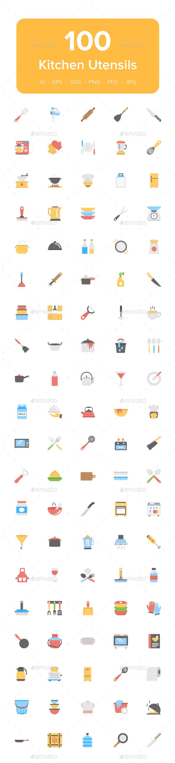 100 Kitchen Utensils Flat Icons - Icons