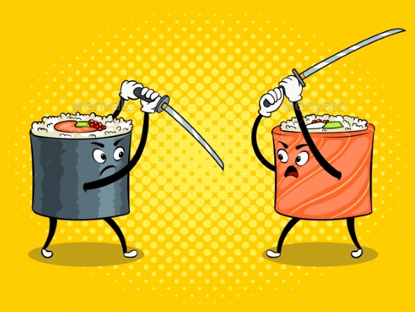 Sushi Roll with Japanese Sword Pop Art Vector - Food Objects