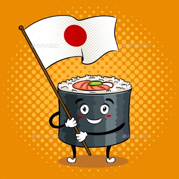 Sushi Roll with Japanese Sword Pop Art Vector - Food Objects