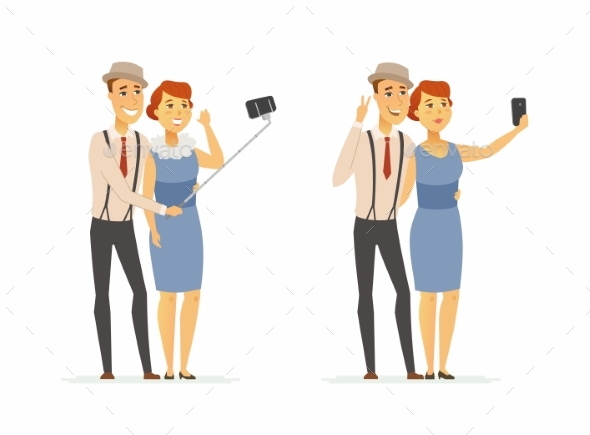 Couple Making Selfie Cartoon People Character - People Characters