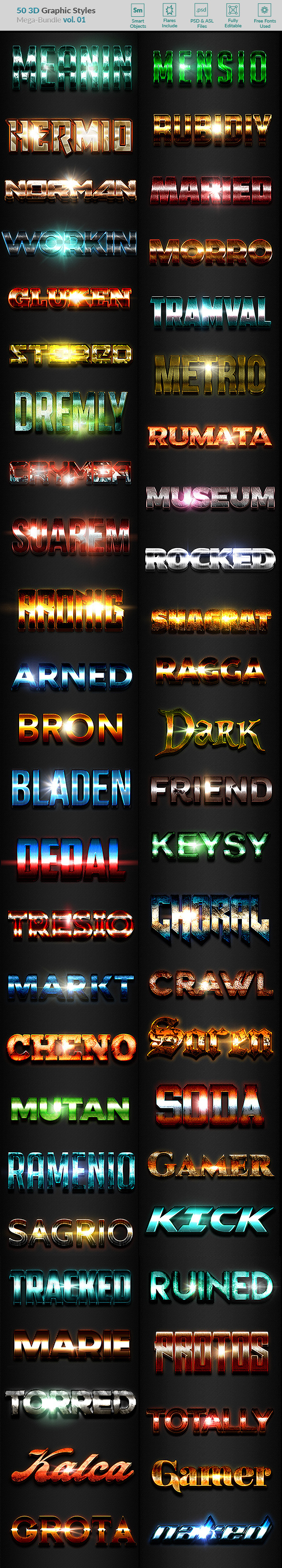 50 3D Text Effects - Bundle Vol. 01 - Text Effects Styles