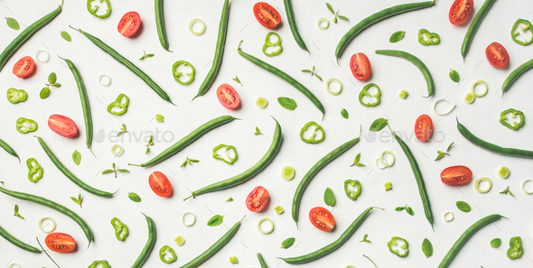 Fresh green beans and cherry tomatoes over white background - Stock Photo - Images