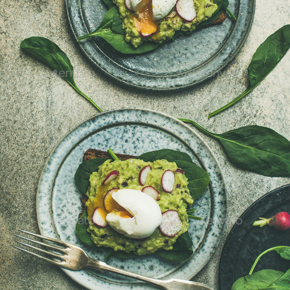 Healthy vegetarian gluten-free breakfast toasts flat-lay, square crop - Stock Photo - Images