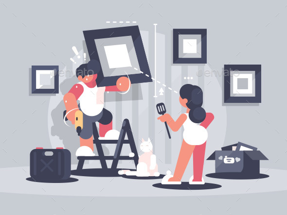 Guy Hangs Picture on Wall - People Characters