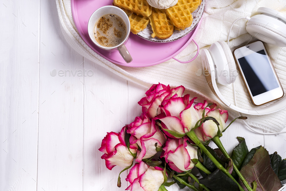 Coffee with waffles and roses. Valentine's Day or 8 march . Delicious Breakfast. - Stock Photo - Images