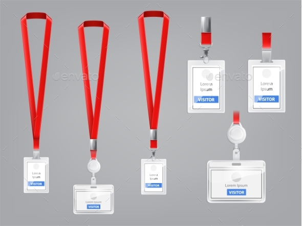 Vector Set of ID Cards, Badges with Red Lanyards - Man-made Objects Objects