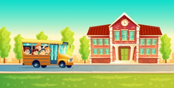 Vector Cartoon Kids Back to School on Yellow Bus - Backgrounds Decorative