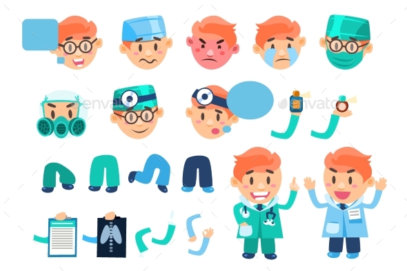 Male Doctor Animated Character Set, Various Face - Health/Medicine Conceptual