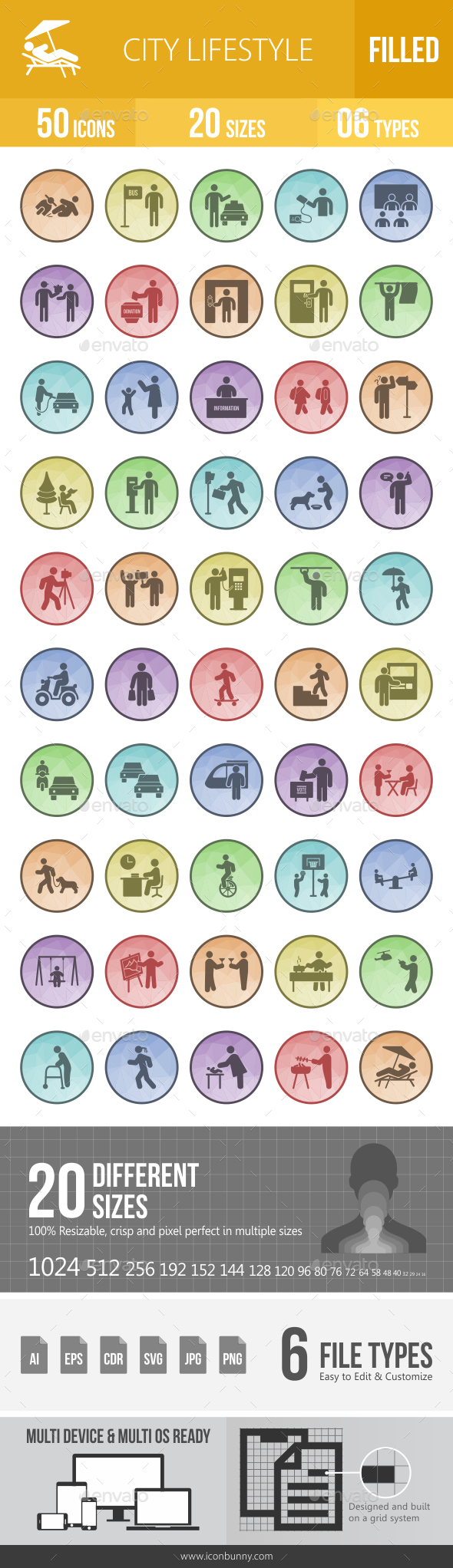 50 City Lifestyle Filled Low Poly Icons - Icons