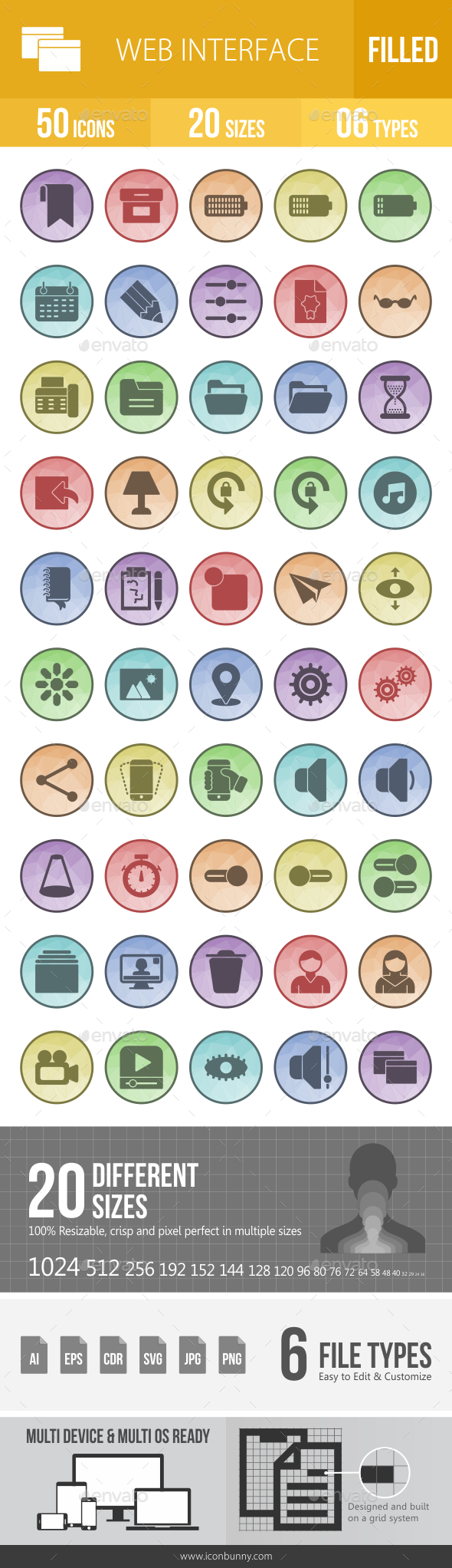 50 Web Interface Filled Low Poly Icons - Icons