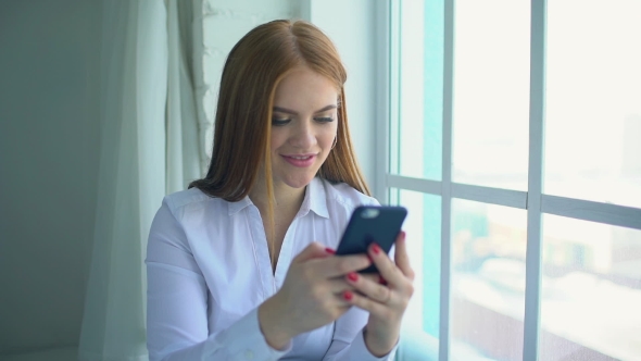 Fast Speed of Typing and Sending Message Using Telephone. Happy Cute Teen Girl with Smile 