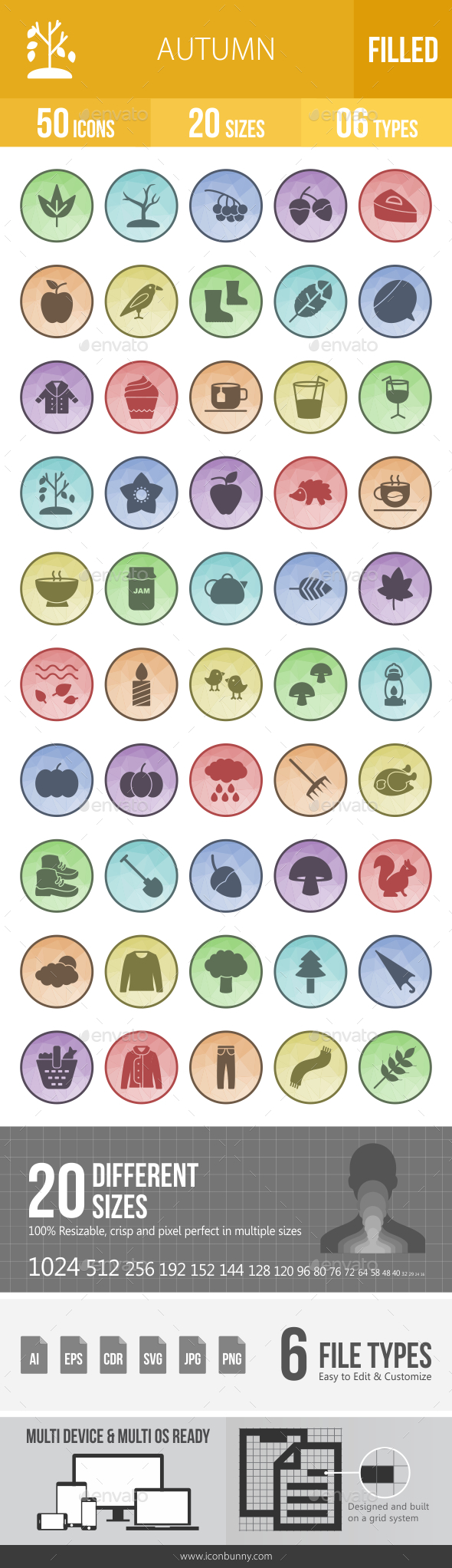50 Autumn Filled Low Poly Icons - Icons
