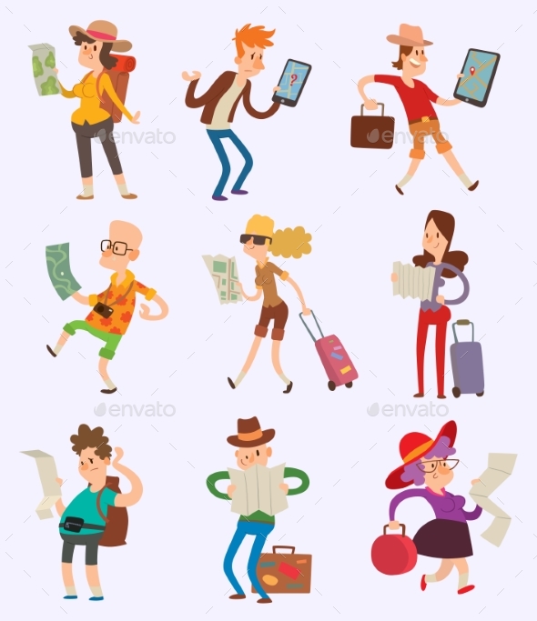 Vector People Tourist with Map Travelers Searching - People Characters