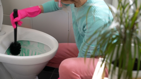Woman with a Rubber Glove Cleans a Toilet Bowl alt