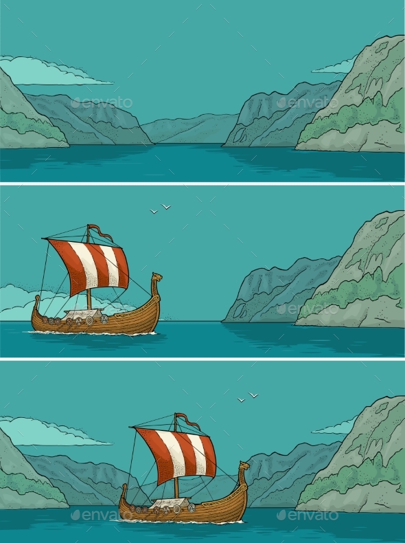 Drakkar Floating on the Fjord in Norway. Vintage - Buildings Objects