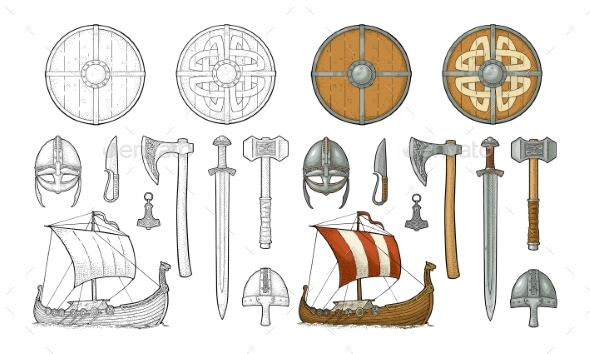Set Viking. Knife, Drakkar, Axe, Helmet, Sword - Buildings Objects
