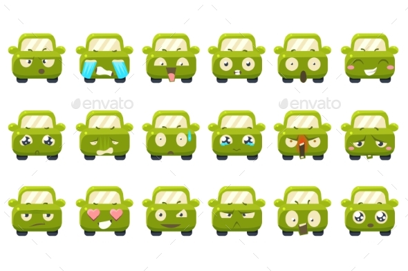 Green Car Cartoon Characters Showing - Man-made Objects Objects