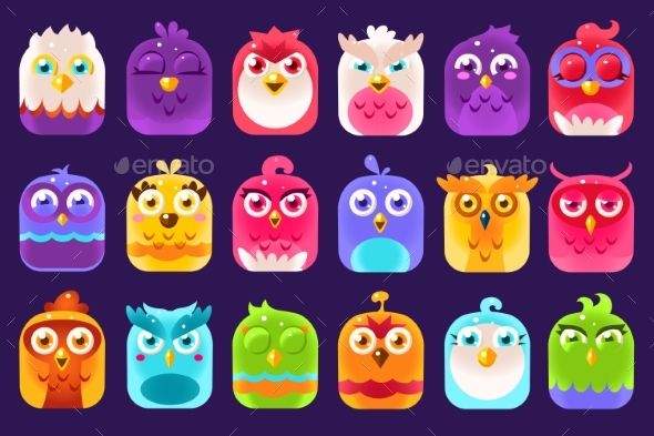 Colorful Birds Sett with Different Emotions - Animals Characters