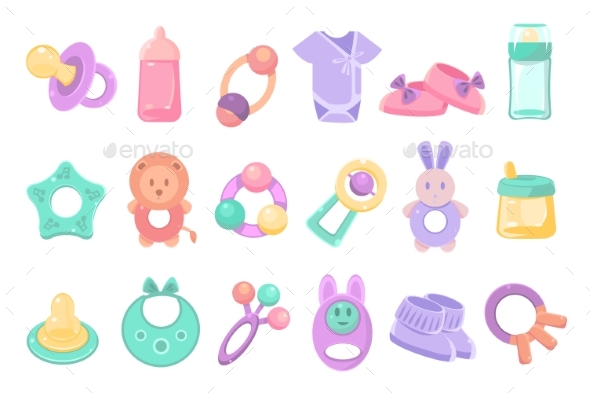 Toys and Accessories for Baby Sett, Newborn Infant - Objects Vectors
