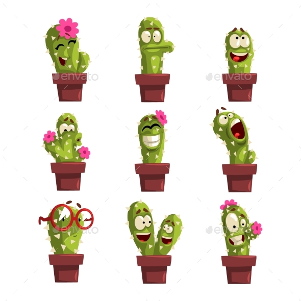 Potted Cactus Characters Set - Flowers & Plants Nature
