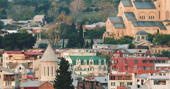 Tbilisi, Georgia. Sameba Complex, Holy Trinity Cathedral In Sunny Autumn Day alt