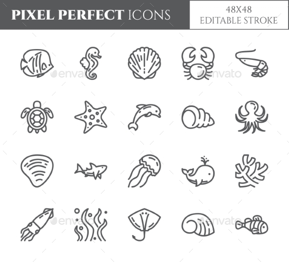 Marine Theme Pixel Perfect Thin Line Icons - Animals Characters